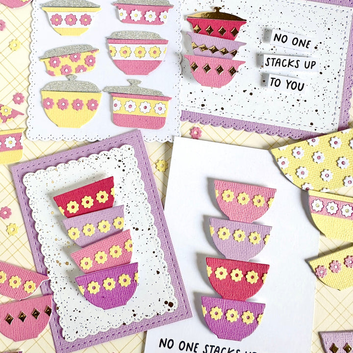 Colorful cards with stackable vintage pyrex designs and text on a patterned background