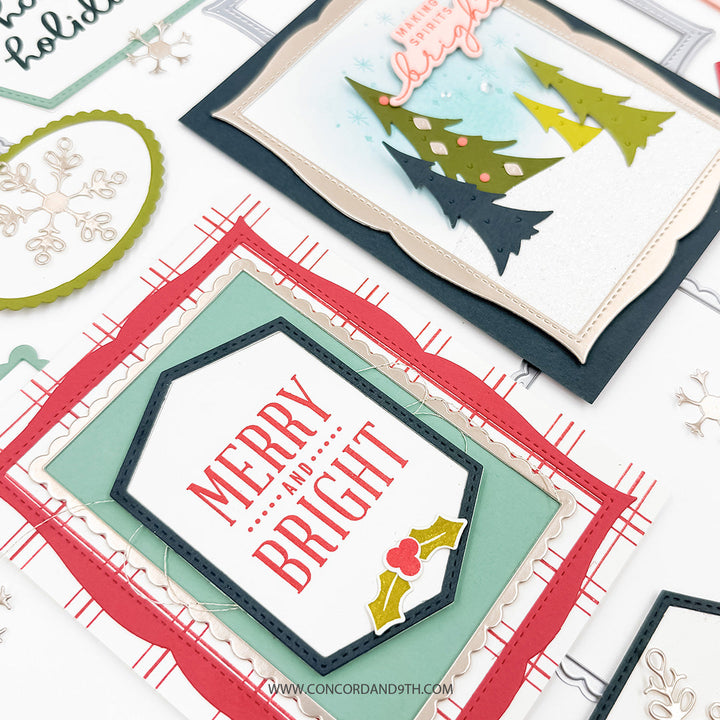 Concord & 9th Assorted Frames Dies — two finished cards, the framed pine-tree scene and the red/gold/black "Merry and Bright" frame card, shown together with loose die-cut frames.