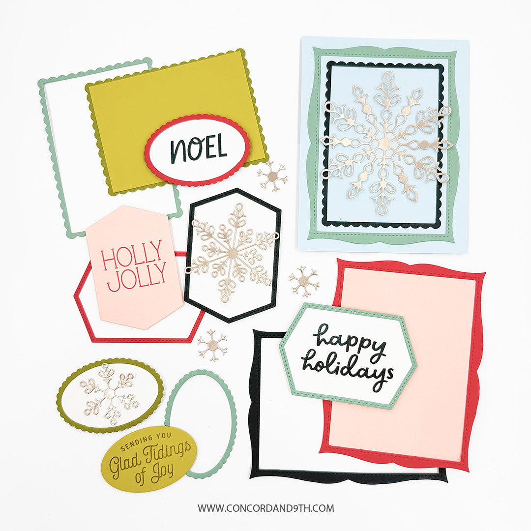 Concord & 9th Assorted Frames Dies — individual die-cut frame shapes: scalloped rectangles, an oval and a hexagon, arranged with "Noel," "Holly Jolly" and "Happy Holidays" sentiment tags.