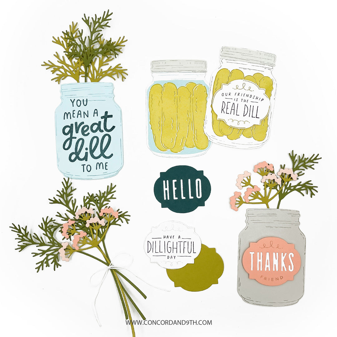 Die cuts & stamps example with mason jars, plants, and text on a white background