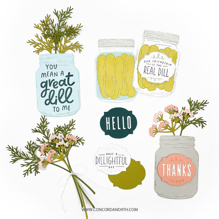 Die cuts & stamps example with mason jars, plants, and text on a white background