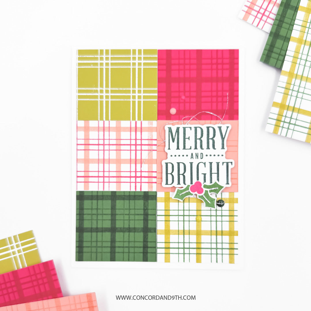 Concord & 9th Everyday Plaid Background Stamp Set — four different plaid patterns stamped in a grid, with a "Merry and Bright" sentiment layered on top.