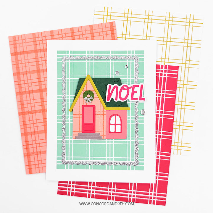 Concord & 9th Everyday Plaid Background Stamp Set — a mint plaid pattern stamped on a die-cut house shape with a silver glitter frame and "Noel" sentiment.