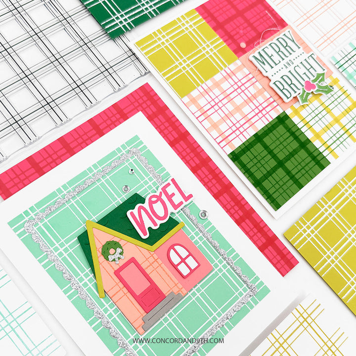 Concord & 9th Everyday Plaid Background Stamp Set — two finished cards, the four-pattern plaid grid card and the mint plaid house "Noel" card, shown with extra stamped panels.