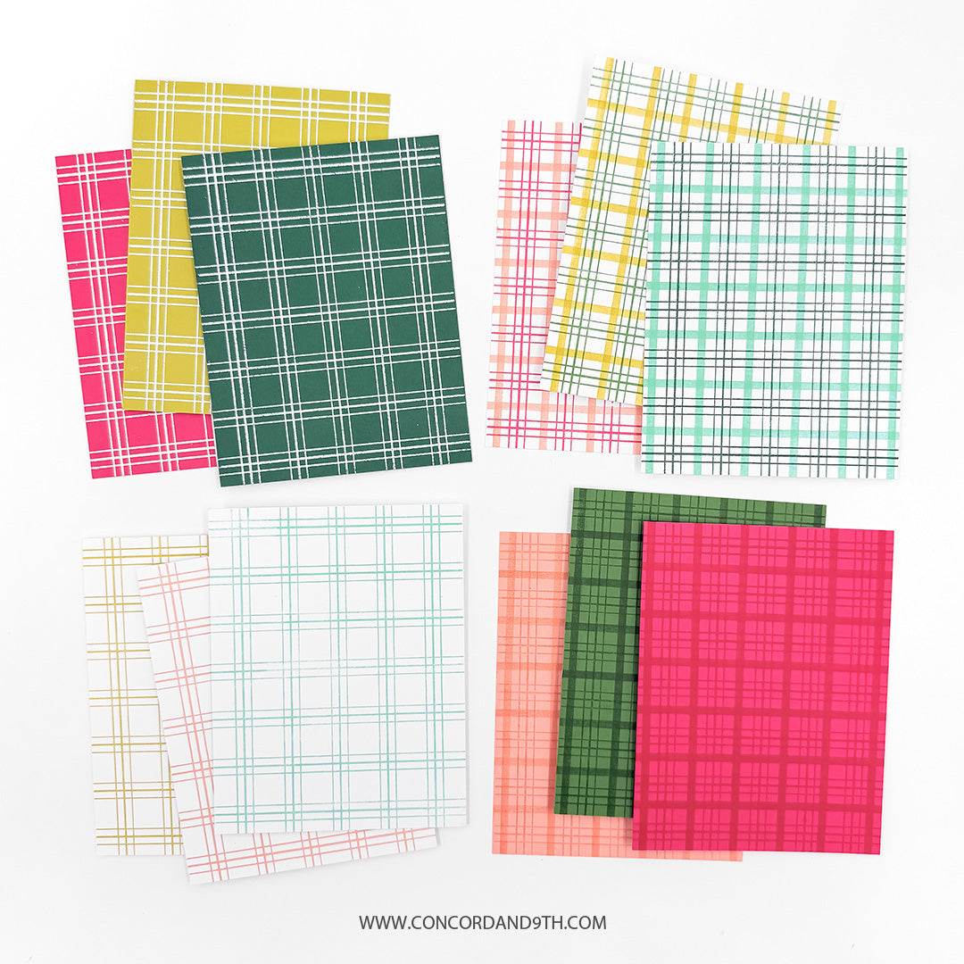 Concord & 9th Everyday Plaid Background Stamp Set — cardstock panels stamped in the plaid pattern using pink, yellow, red, green and blue ink.