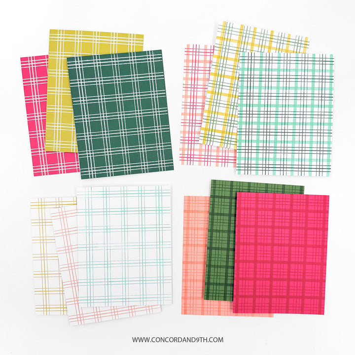 Concord & 9th Everyday Plaid Background Stamp Set — cardstock panels stamped in the plaid pattern using pink, yellow, red, green and blue ink.