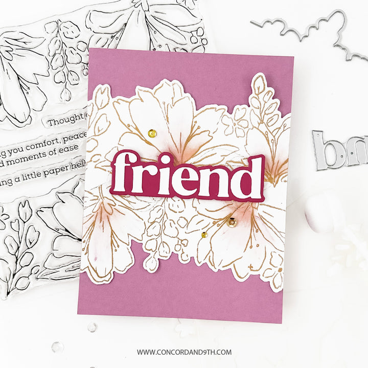 Card with floral design and 'friend' text on a white background
