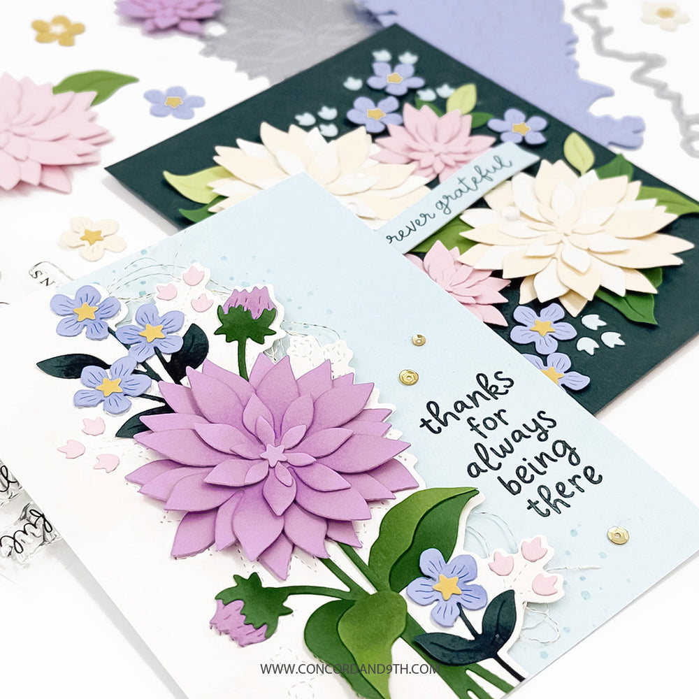 Floral card with purple flower and text on a white background