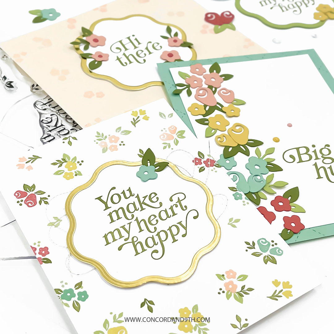 Set of greeting cards with floral designs and text on a white background