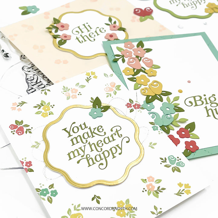 Set of greeting cards with floral designs and text on a white background