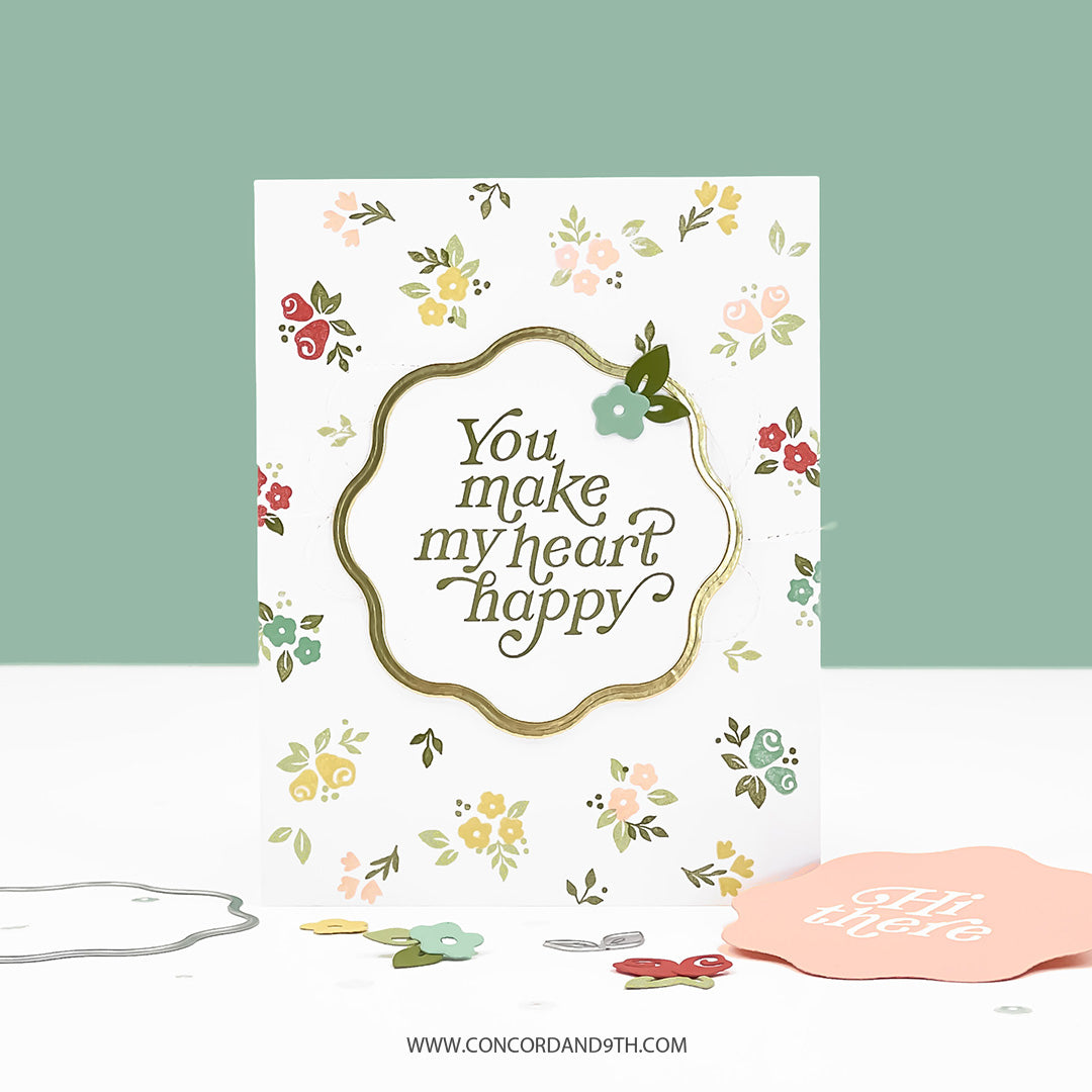 Greeting card with floral design and text 'You make my heart happy' on a light green background.