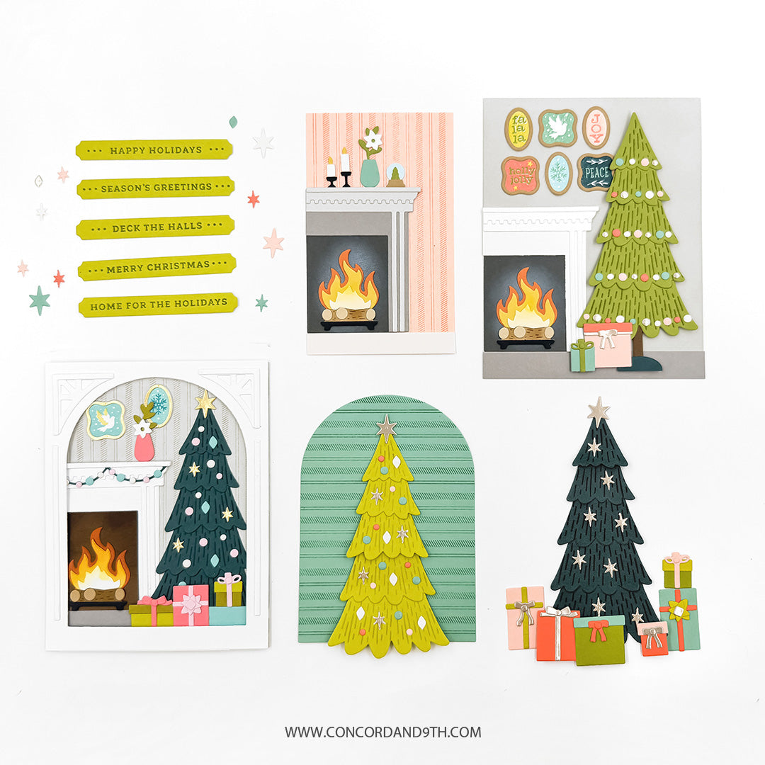 Concord & 9th Holiday Home Dies — sentiment strips, a plain fireplace mantel scene, a fully decorated version with gifts, and separate tree and background die-cuts.