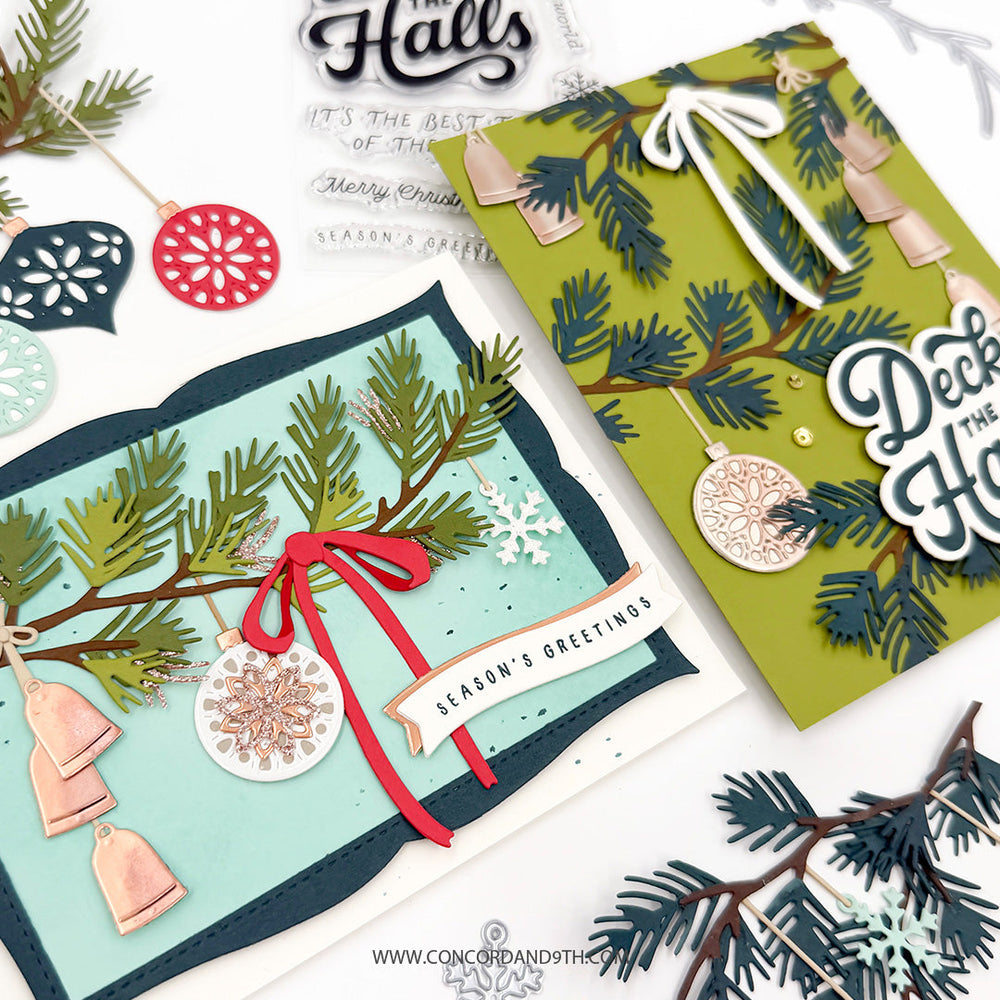 Concord & 9th Holiday Trimmings Bundle — two finished cards, the teal "Season's Greetings" branch card and the olive "Deck the Halls" branch card, shown with loose ornament die-cuts.