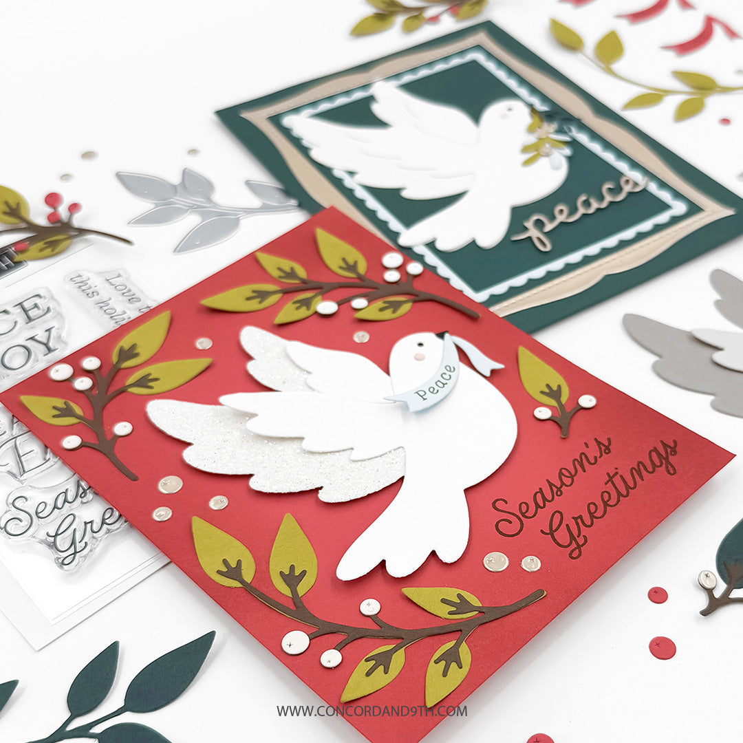 Concord & 9th Peaceful Dove Dies — the red "Season's Greetings" dove card and the dark teal framed "peace" dove card shown together with the coordinating stamps and dies.