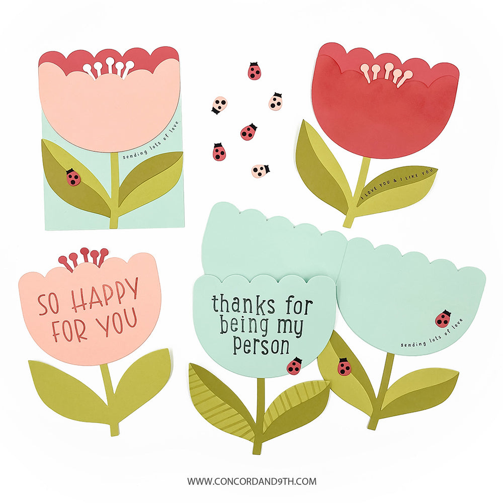 Floral-themed cards with messages and Concord and 9th branding.