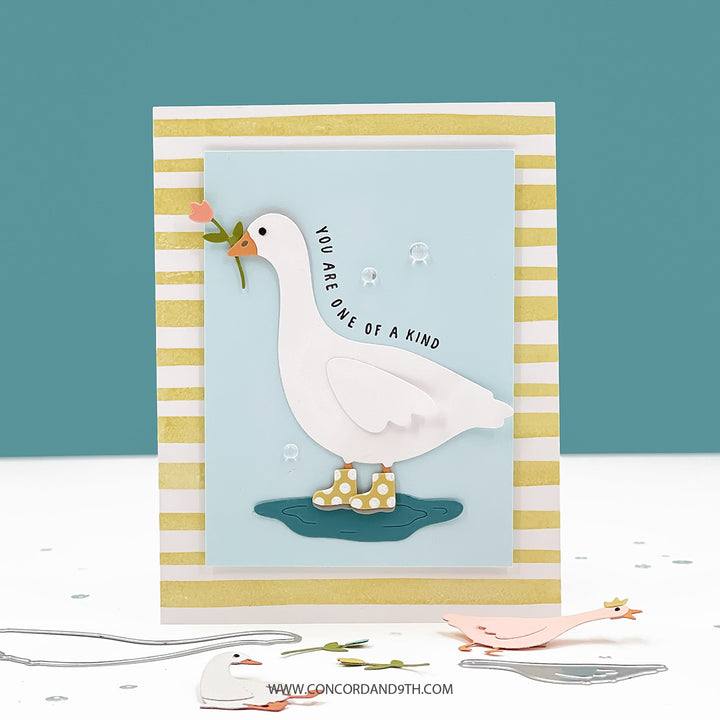 Card with a goose illustration and text on a striped border