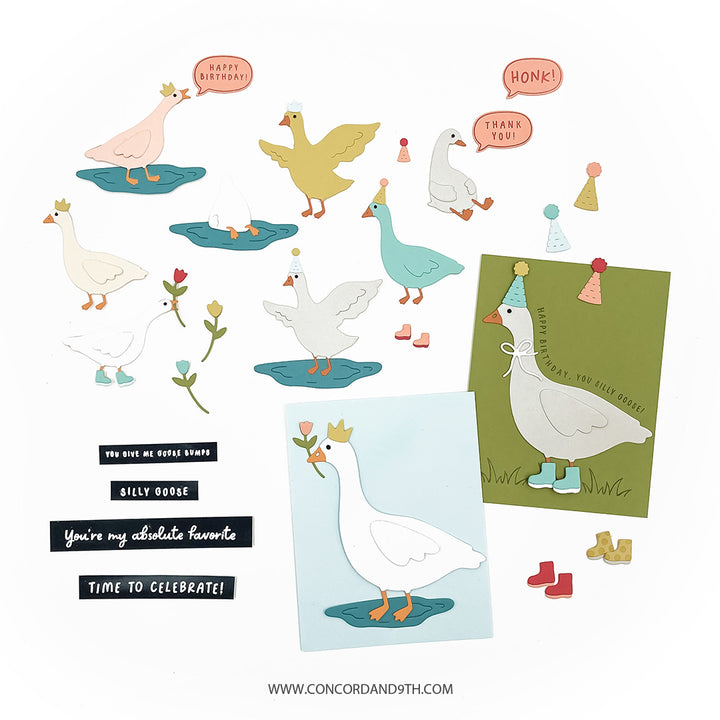 Collection of illustrated goose cards and decorations on a white background