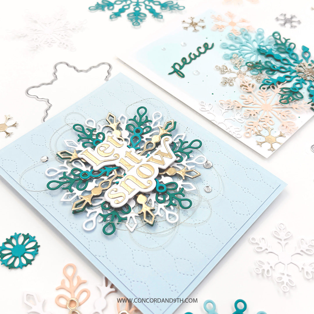 Concord & 9th Snowflake Season Dies — two finished cards, the layered "Let it snow" snowflake card and the cascading snowflake "peace" card, shown with loose die-cuts.
