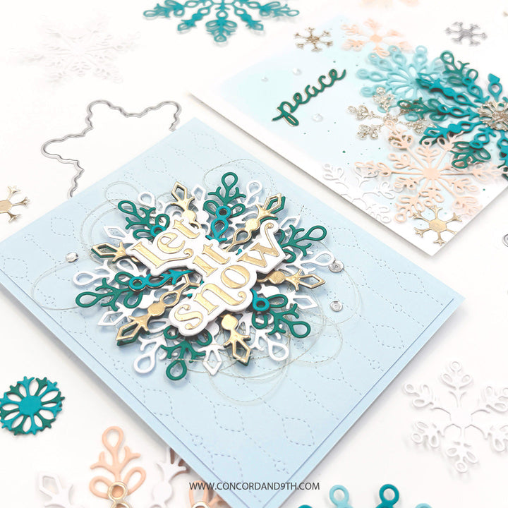Concord & 9th Snowflake Season Dies — two finished cards, the layered "Let it snow" snowflake card and the cascading snowflake "peace" card, shown with loose die-cuts.
