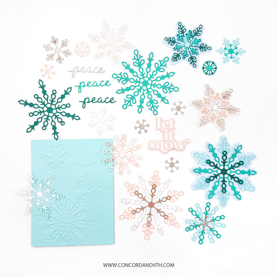 Concord & 9th Snowflake Season Dies — individual snowflake die-cuts in various sizes and colours, plus "peace" script die-cuts and a stitched-pattern embossed panel.