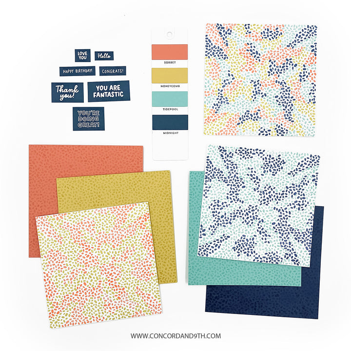 Collection of patterned paper sheets created using turnabout stamp with colour swatches and text on a white background.