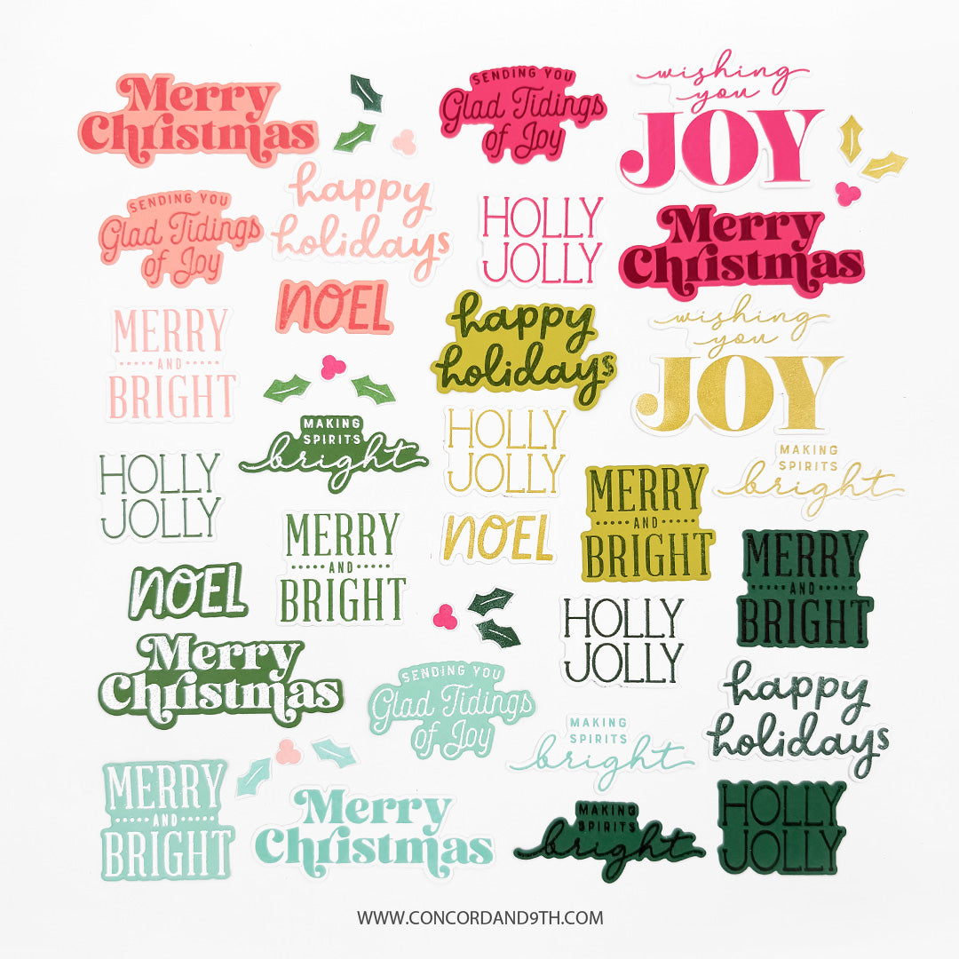 Concord & 9th Tidings of Joy Bundle — the full set of word-art die-cuts in multiple colourways, including "Merry Christmas," "Glad Tidings of Joy," "Holly Jolly," "Noel," "Merry and Bright," and "Making Spirits Bright."