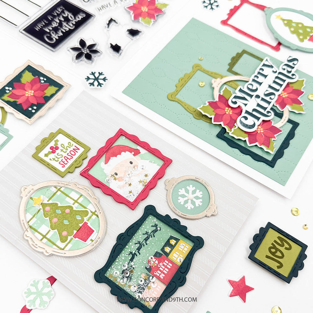 Concord & 9th Very Merry Gallery Bundle — the striped gallery-wall card and the mint poinsettia frame card shown together with the coordinating stamps and dies.