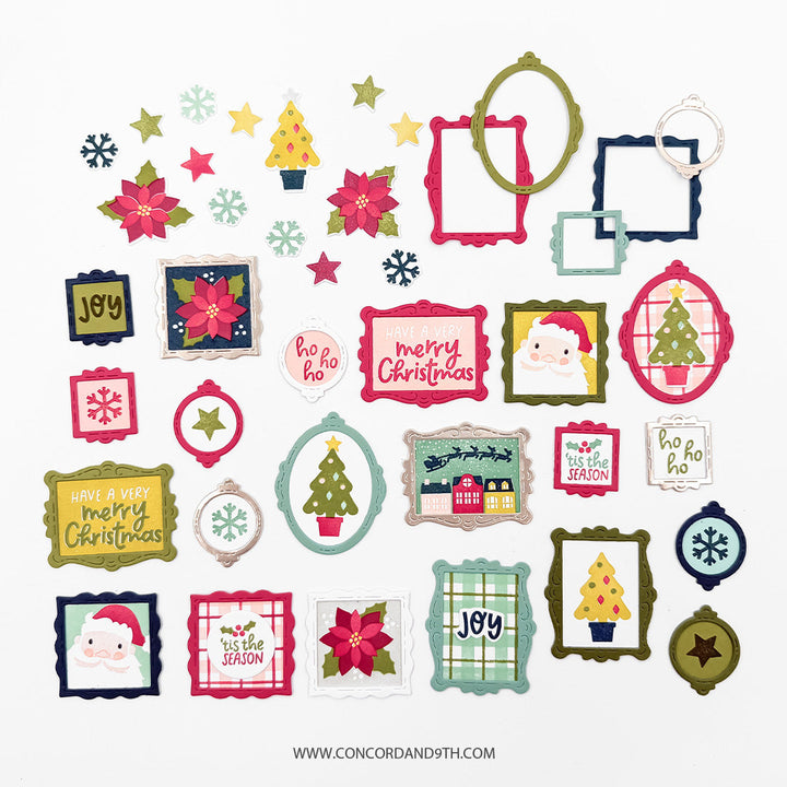 Concord & 9th Very Merry Gallery Bundle — the full set of frame dies in various shapes paired with small motif stamps: poinsettias, a Santa face, snowflakes, a Christmas tree, a sleigh-and-village scene, stars, and sentiments like "tis the Season," "Joy," and "ho ho ho."