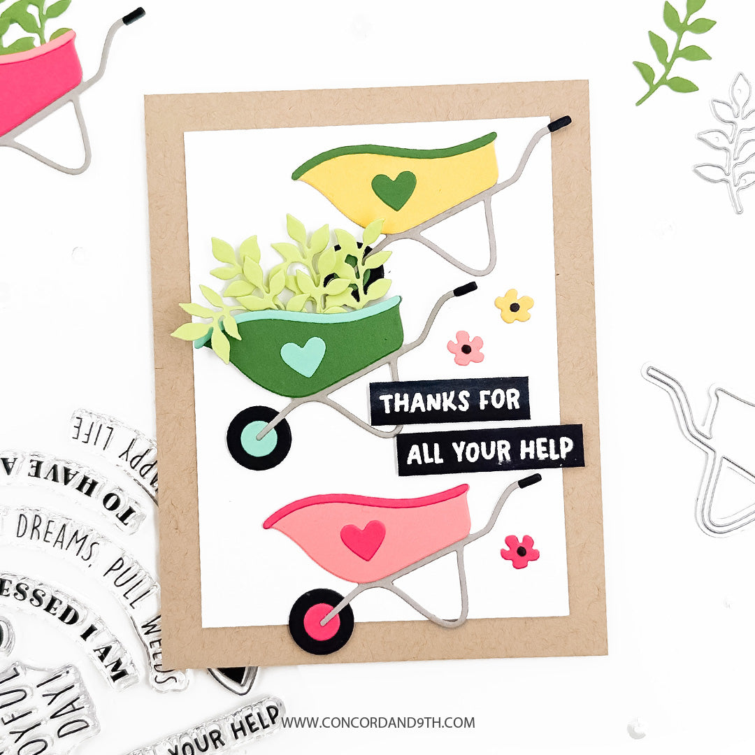Card with colorful wheelbarrow design and 'Thanks for all your help' text on a white background.