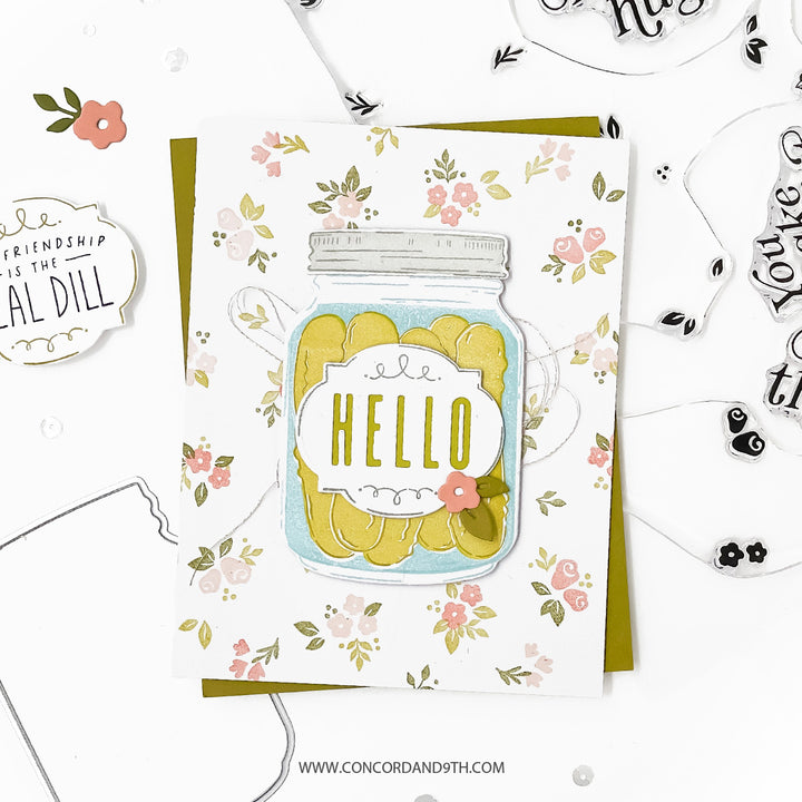 Greeting card with a mason jar design and 'Hello' text, surrounded by decorative elements.