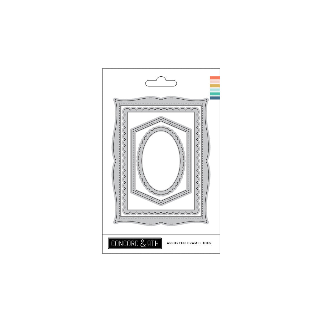 Concord & 9th Assorted Frames Dies in retail packaging, featuring multiple rectangular and oval frame-cutting dies on a white backing card.