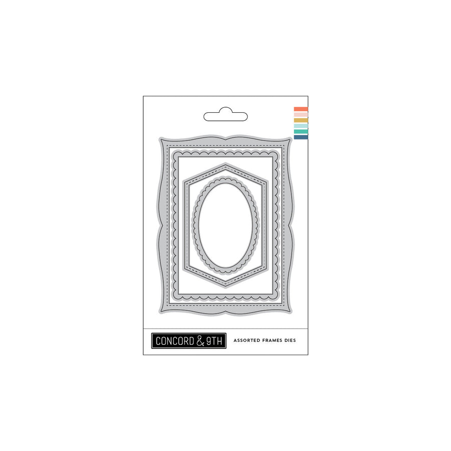 Concord & 9th Assorted Frames Dies in retail packaging, featuring multiple rectangular and oval frame-cutting dies on a white backing card.