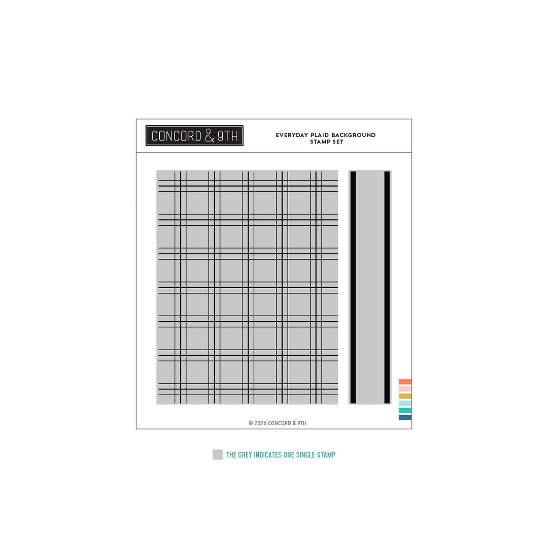 Concord & 9th Everyday Plaid Background Stamp Set — a large plaid grid pattern stamp with a coordinating single- and double-stripe border.