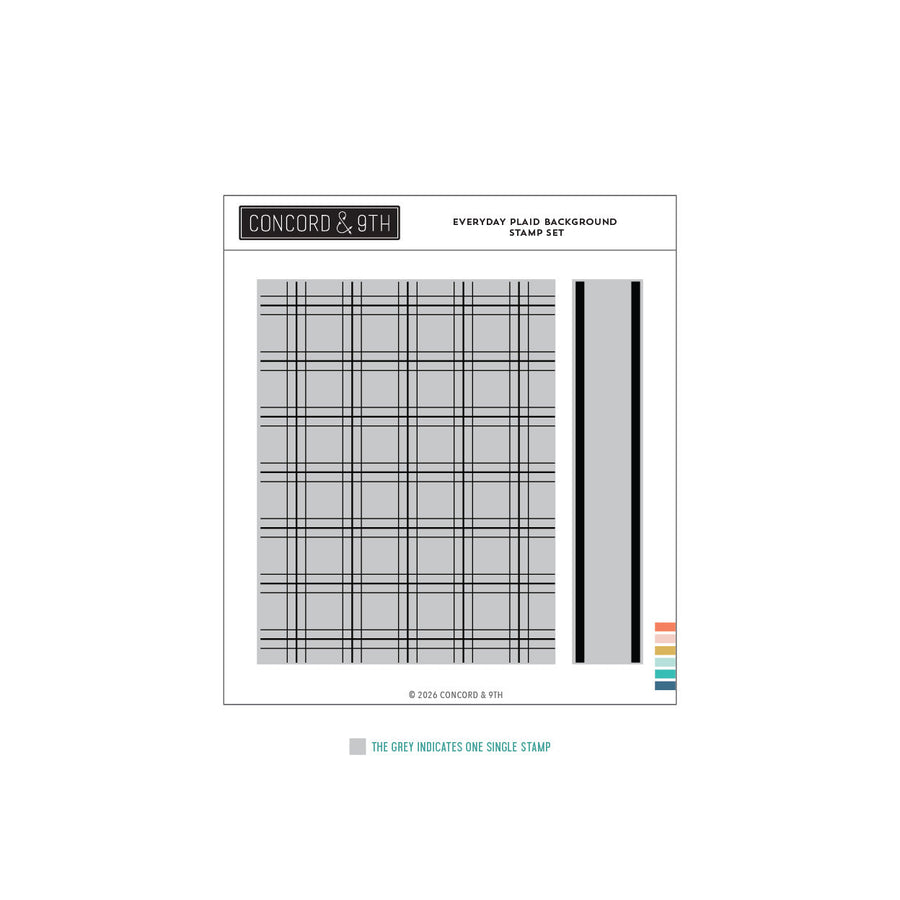 Concord & 9th Everyday Plaid Background Stamp Set — a large plaid grid pattern stamp with a coordinating single- and double-stripe border.