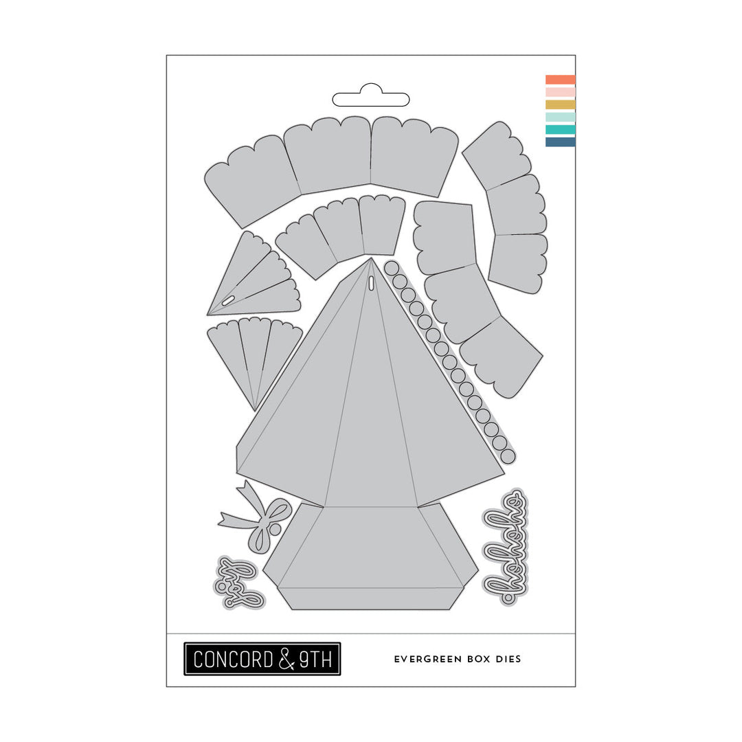 Concord & 9th Evergreen Box Dies — a 3D pyramid-shaped gift box die with scalloped flap panels and a bow.