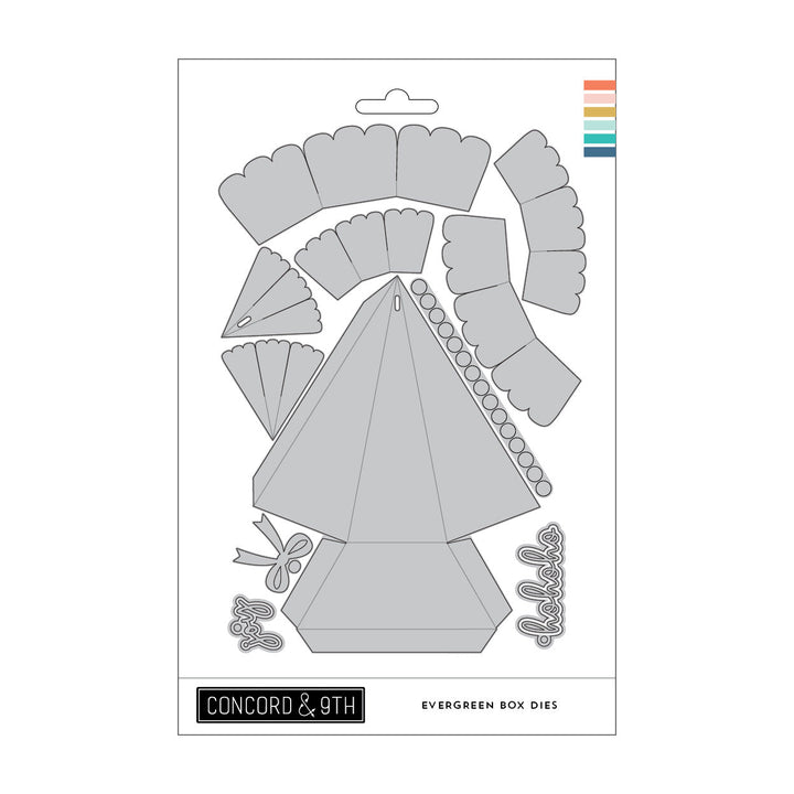 Concord & 9th Evergreen Box Dies — a 3D pyramid-shaped gift box die with scalloped flap panels and a bow.