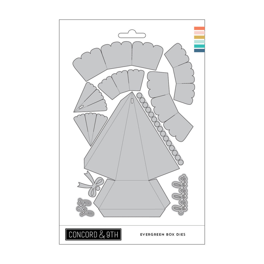 Concord & 9th Evergreen Box Dies — a 3D pyramid-shaped gift box die with scalloped flap panels and a bow.