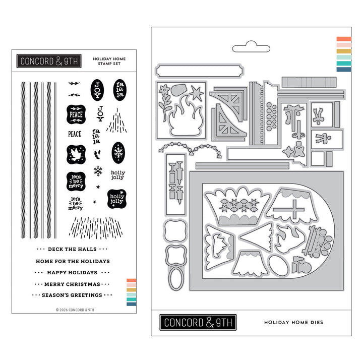 Concord & 9th Holiday Home Bundle — the Holiday Home sentiment stamps shown with the matching house-scene dies.