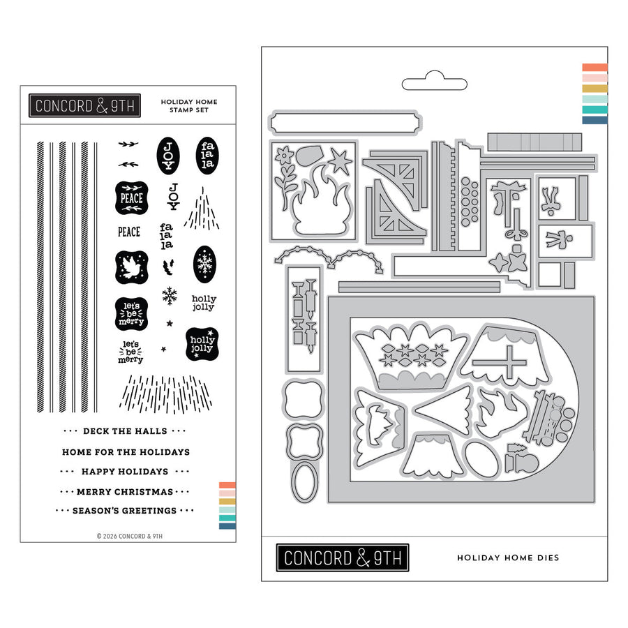 Concord & 9th Holiday Home Bundle — the Holiday Home sentiment stamps shown with the matching house-scene dies.