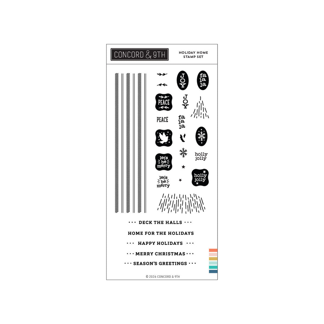 Concord & 9th Holiday Home Stamp Set — striped borders, dove and snowflake icons, and sentiments like "Deck the Halls" and "Home for the Holidays."
