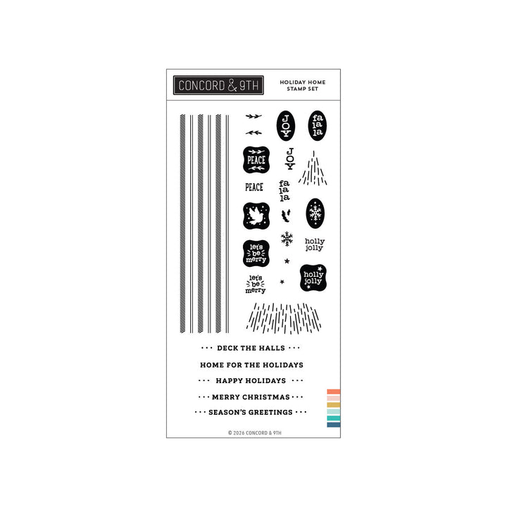 Concord & 9th Holiday Home Stamp Set — striped borders, dove and snowflake icons, and sentiments like "Deck the Halls" and "Home for the Holidays."