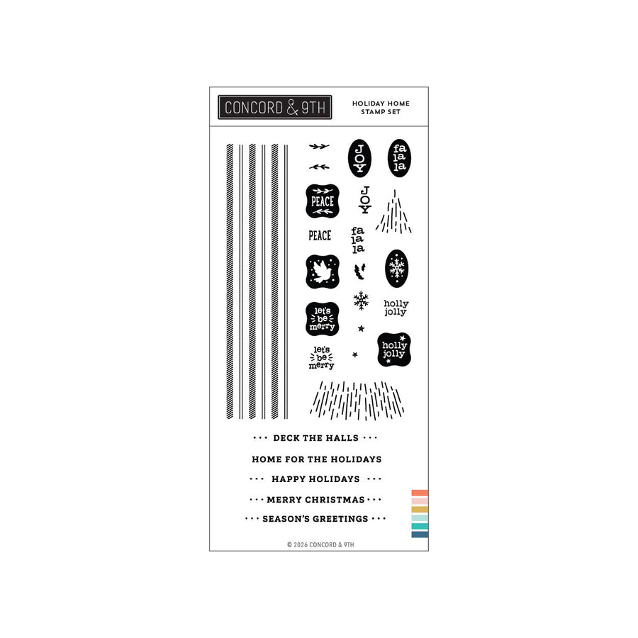 Concord & 9th Holiday Home Stamp Set — striped borders, dove and snowflake icons, and sentiments like "Deck the Halls" and "Home for the Holidays."