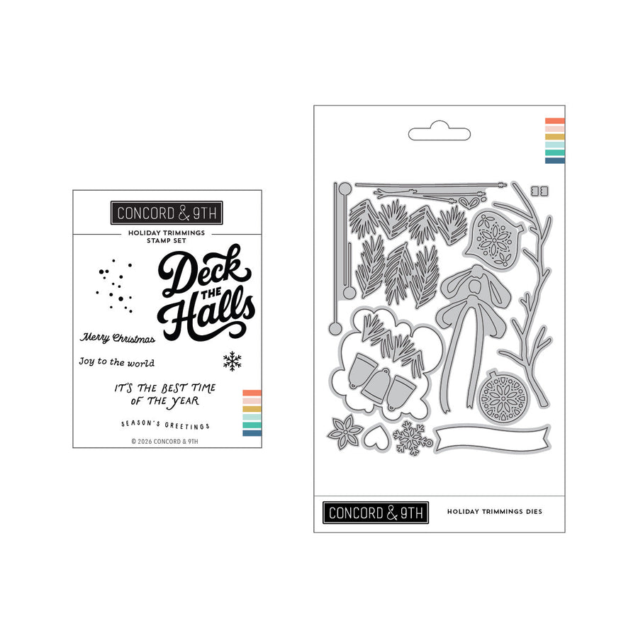 Concord & 9th Holiday Trimmings Bundle — the Deck the Halls stamp set with its coordinating pine-and-ornament dies.