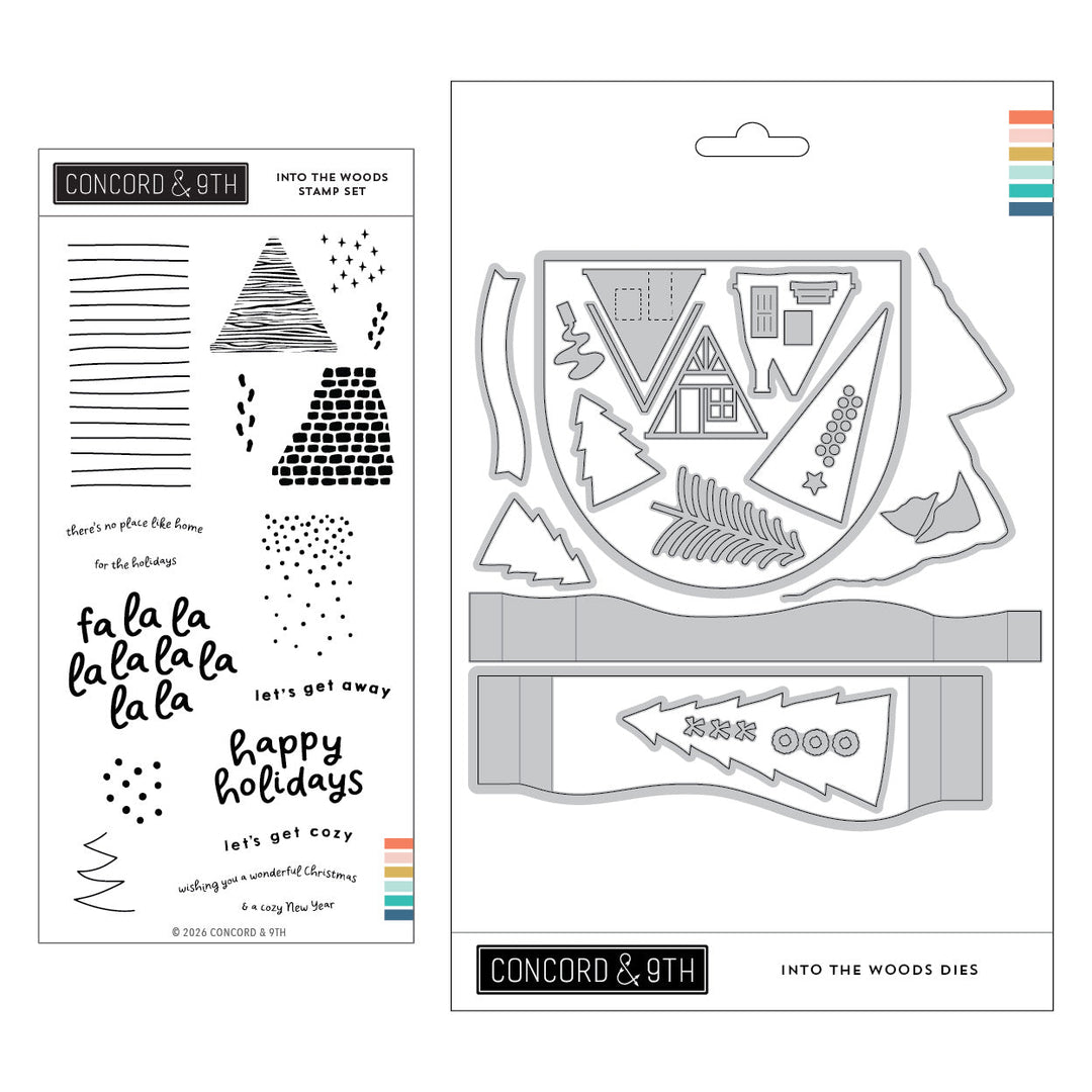Concord & 9th Into the Woods Bundle — the wood-grain cabin stamp set paired with its coordinating dies.