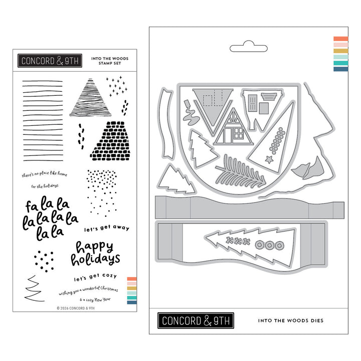Concord & 9th Into the Woods Bundle — the wood-grain cabin stamp set paired with its coordinating dies.