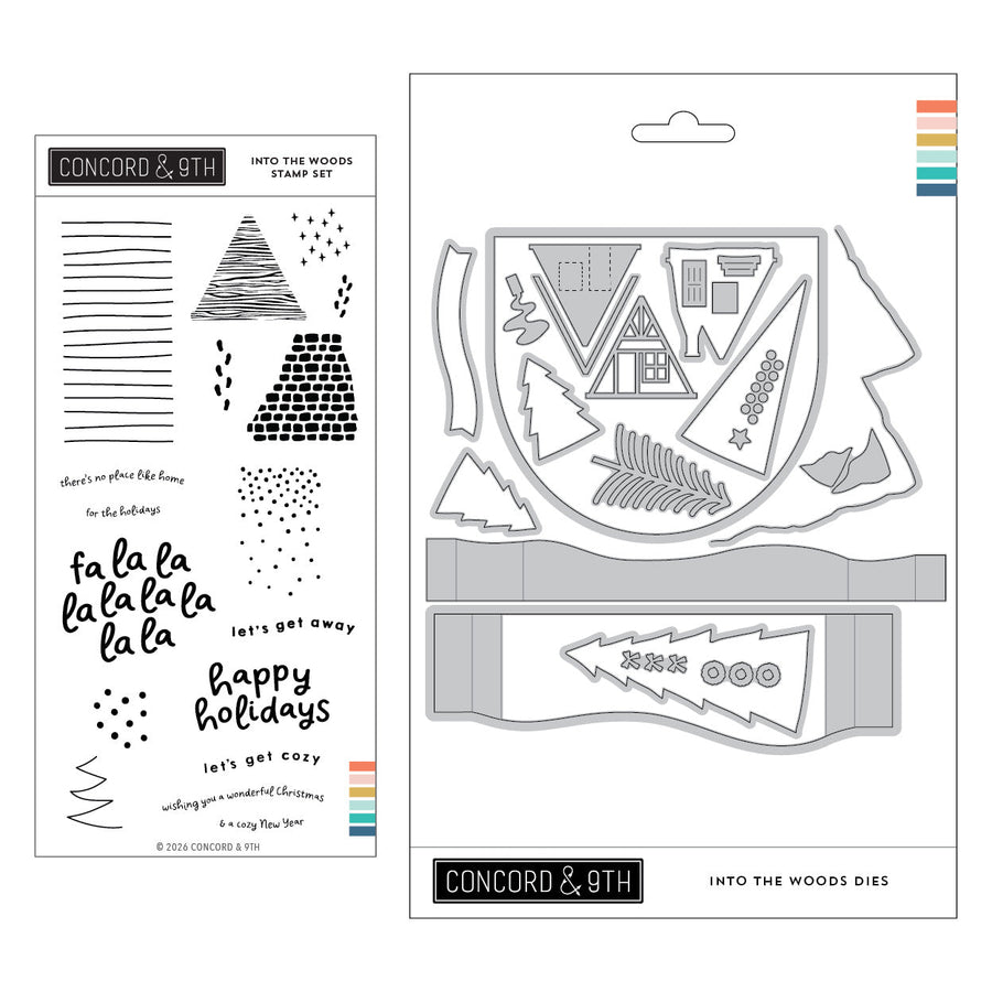 Concord & 9th Into the Woods Bundle — the wood-grain cabin stamp set paired with its coordinating dies.