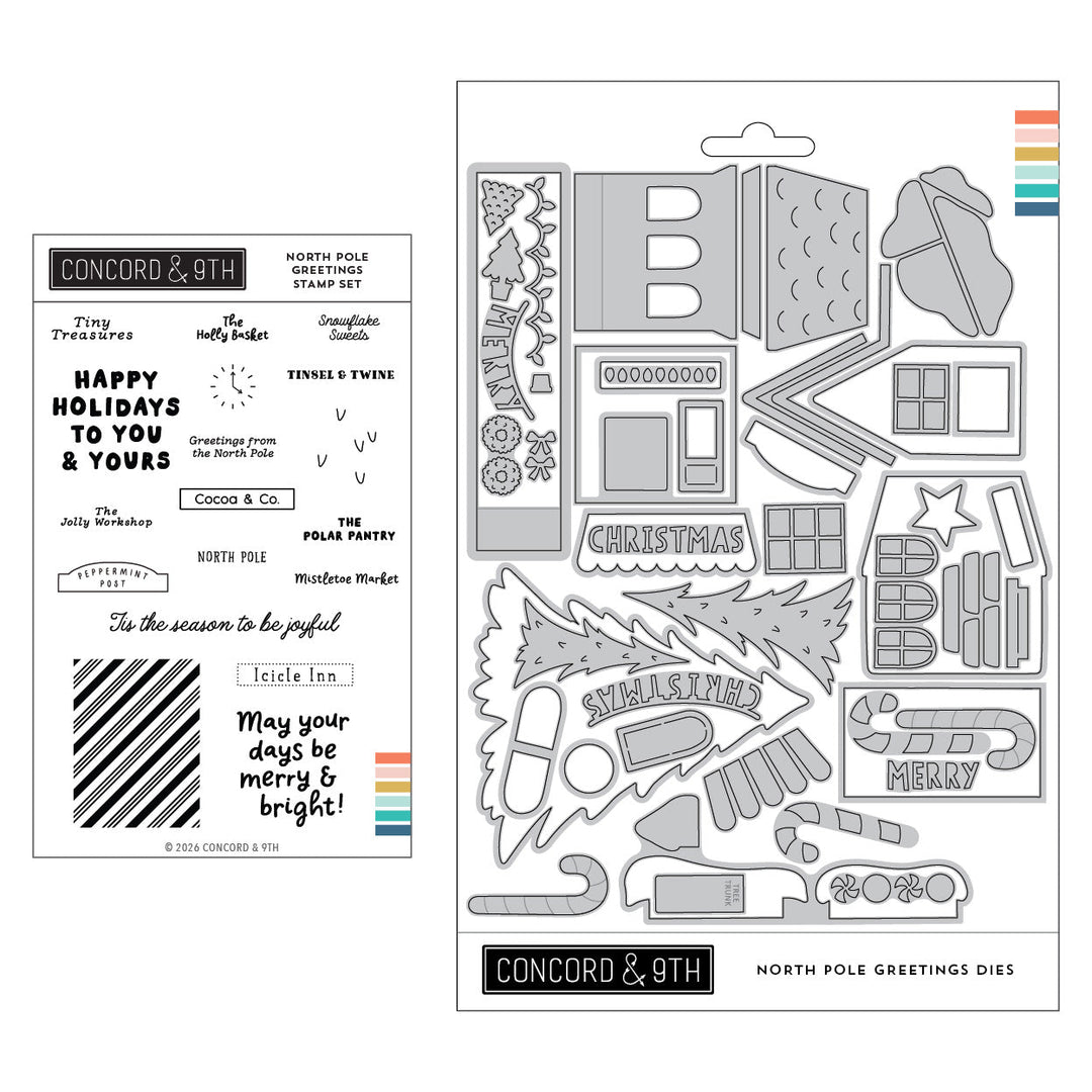Concord & 9th North Pole Greetings Bundle — the North Pole Greetings shop-sign stamp set with its matching holiday village dies.