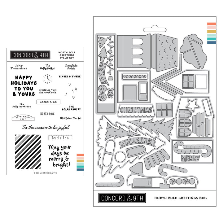 Concord & 9th North Pole Greetings Bundle — the North Pole Greetings shop-sign stamp set with its matching holiday village dies.
