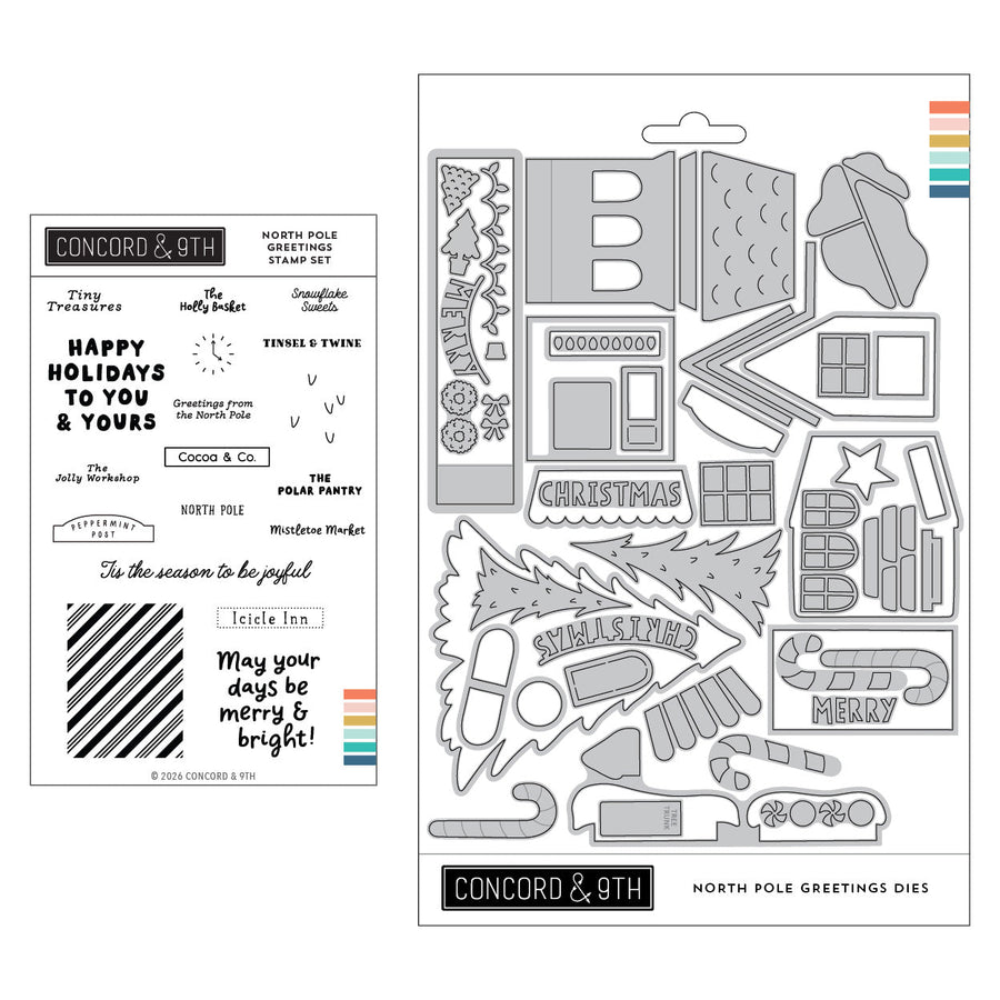 Concord & 9th North Pole Greetings Bundle — the North Pole Greetings shop-sign stamp set with its matching holiday village dies.