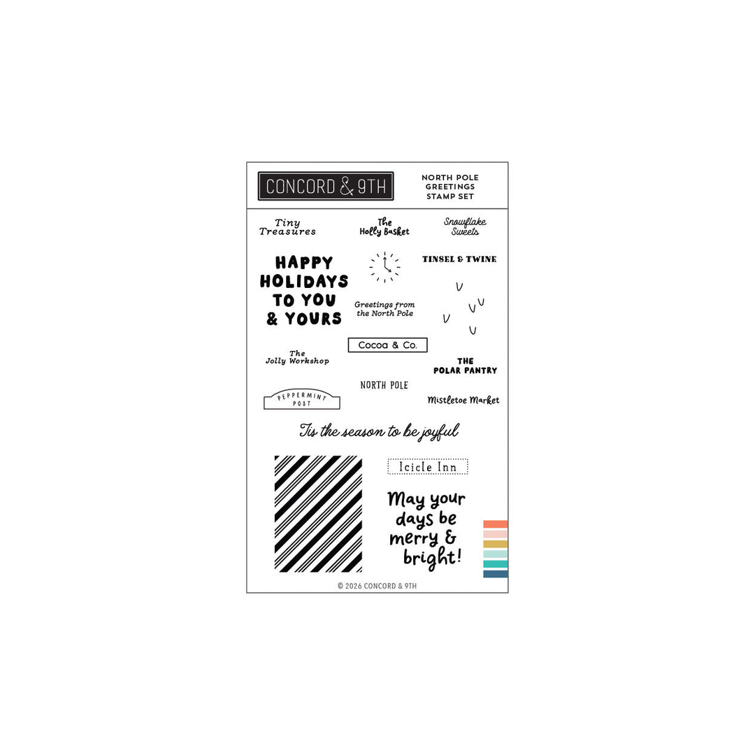 Concord & 9th North Pole Greetings Stamp Set — whimsical shop-sign sentiments like "The Holly Basket," "Cocoa & Co.," and "Mistletoe Market" with a diagonal stripe background.